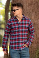 Camisa Xadrez Bordada Masculina Revanche Prados AZUL-VERMELHO