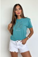 T-Shirt Cropped Com Pedraria Feminina Revanche Ituango VERDE TURQUESA