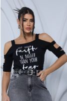 Blusa estampada com detalhe de tiras feminina Revanche Penalva PRETO