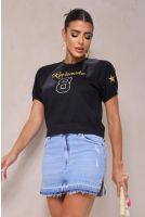 T-Shirt Cropped Com Aplique Bordado Feminino Revanche Maseru PRETO