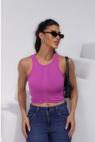 Blusa Cropped Regata Com Recortes Rib Feminina Revanche Carlinda FUCSIA