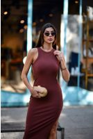 Vestido Midi Canelado Com Fenda Feminino Revanche Lizarda MARROM ESCURO