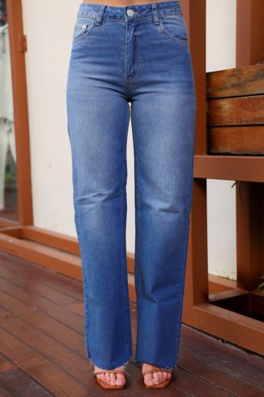 Calça Jeans Wide Leg Com Barra A Fio Feminina Revanche Patis Azul