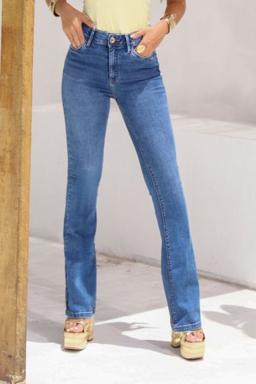 Calça Jeans Flare Cós Com Elástico Personalizado Feminino Revanche Soleura Azul