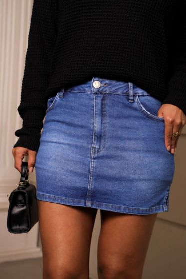 Saia Shorts Jeans Com Abertura Na Lateral Feminina Revanche Bocigas Azul