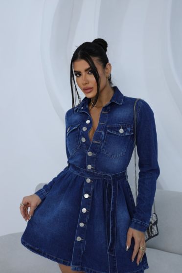 Vestido Jeans Curto Com Manga Longa Feminino Revanche Chigara Azul