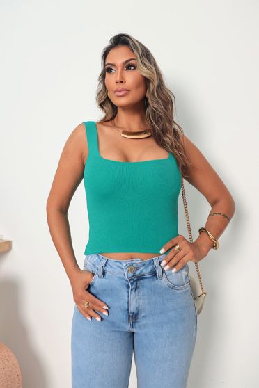 Cropped de Tricot com Decote Quadrado feminina Revanche Uruana VERDE TURQUESA