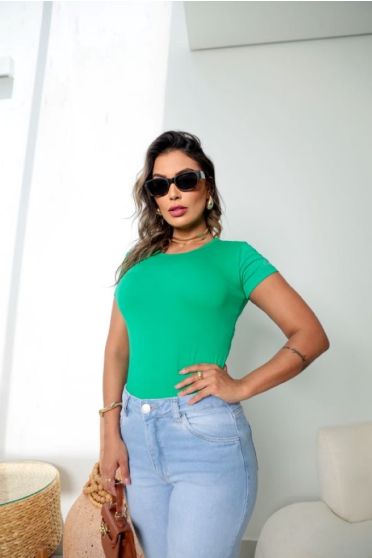 Blusa Baby Look Basica Manga Curta Feminina Revanche Sylfaenol VERDE BANDEIRA