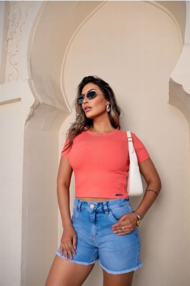 Blusa Cropped Canelado Feminina Revanche Gibara ROSA CORAL