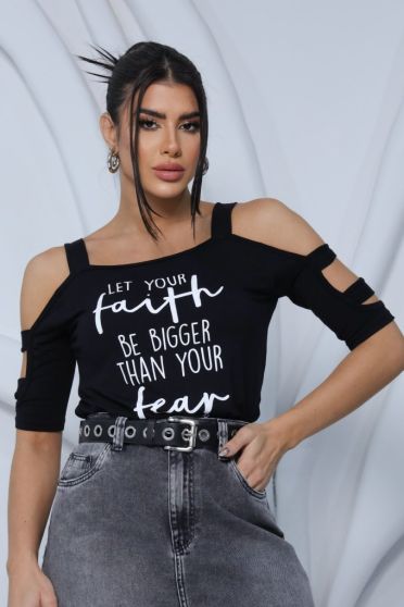 Blusa estampada com detalhe de tiras feminina Revanche Penalva PRETO