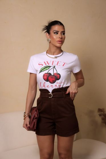 T-Shirt Estampada Feminina Revanche Cherry  BRANCO