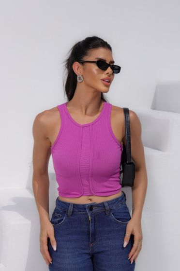 Blusa Cropped Regata Com Recortes Rib Feminina Revanche Carlinda FUCSIA