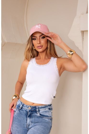 Blusa Cropped Regeta Com Renda Feminina Revanche Tumbes BRANCO