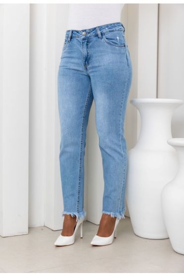 Calça Jeans Fit Reta Com Barra Assimétrica e Desfiada Feminina Revanche Salamina Unica