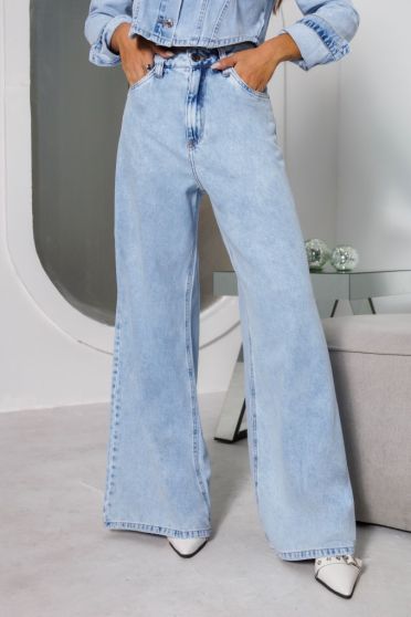 Calça Jeans Wide Leg Barra Normal Feminina Revanche Normandia Azul