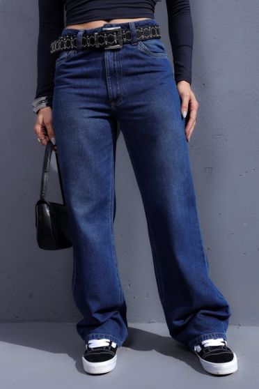 Calça Jeans Wide Leg Barra Normal Feminina Revanche Perolândia Azul