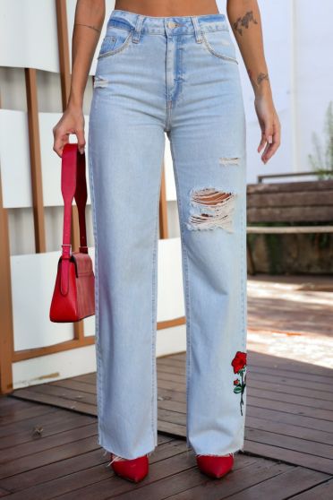 Calça Jeans Wide Leg Com Aplique e Strass Feminina Revanche Jorquera Azul