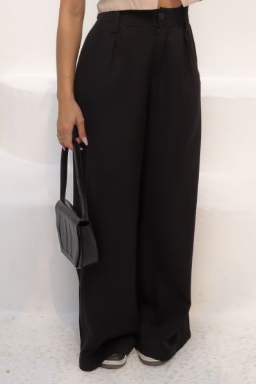 Calça Pantalona Ampla Com Pregas  Feminina Revanche Acorizal  PRETO