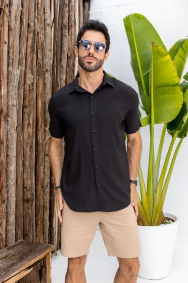 Camisa De Viscolinho Manga Curta Com Elastano Atacado Masculina Revanche Quito PRETO