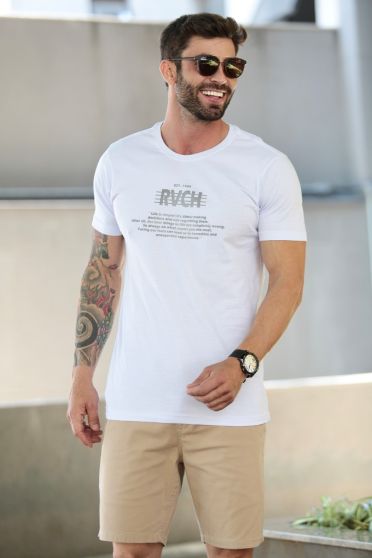 Camiseta Estampada Decote Careca Masculino Revanche Bouza BRANCO