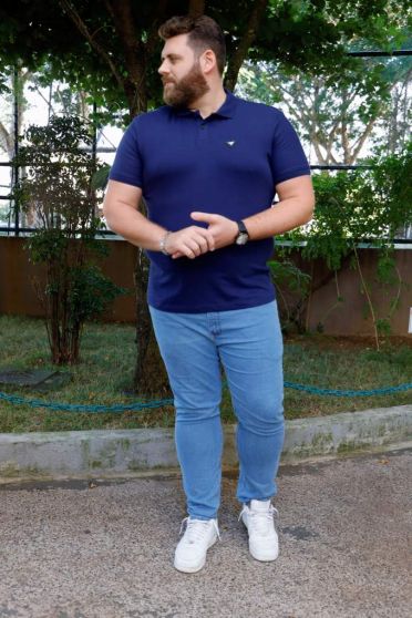 Camiseta Polo Com Plaquinha Plus Size Masculina Revanche Cornago AZUL MARINHO