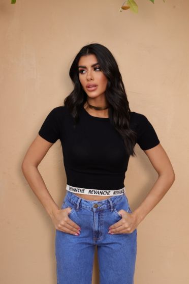 Cropped de tricot com barra personalizada feminina Revanche Valença PRETO