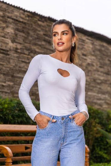 Blusa Manga Longa Poliamida Decote Coração Feminina Revanche Buritirana BRANCO