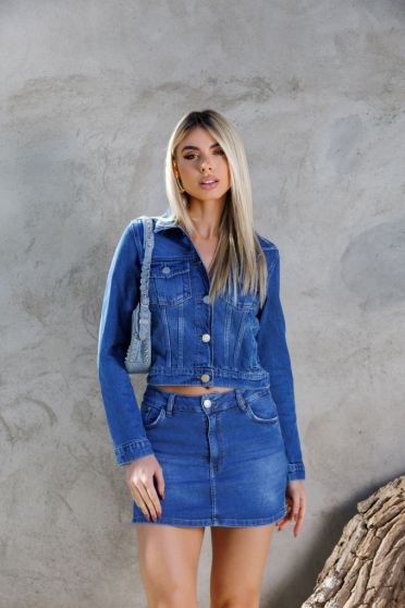 Jaqueta Jeans Com Bolso Embutido Feminina Revanche Confresa Azul