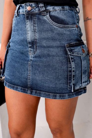 Mini Saia Jeans Cargo Feminina Revanche Gabiria Azul