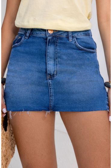 Saia Shorts Jeans Barra Cortada Feminina Revanche Ludovisi Azul