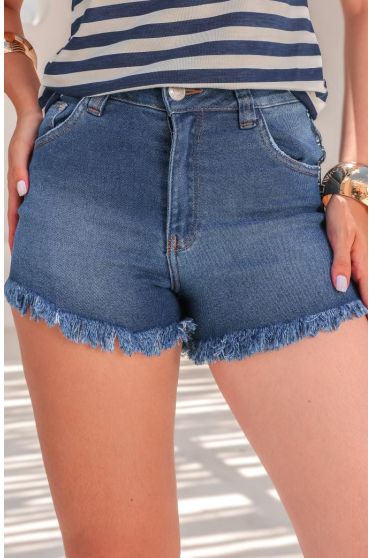 Shorts Jeans Cintura Alta Galão Lateral Feminino Revanche Regola AZUL