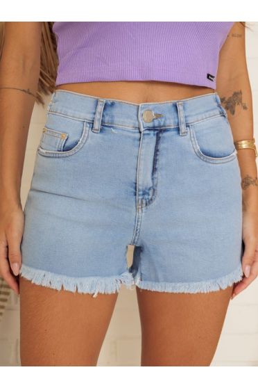 Shorts Jeans Elástico Atrás Com Barra Desfiada Feminina Revanche Mestia Azul